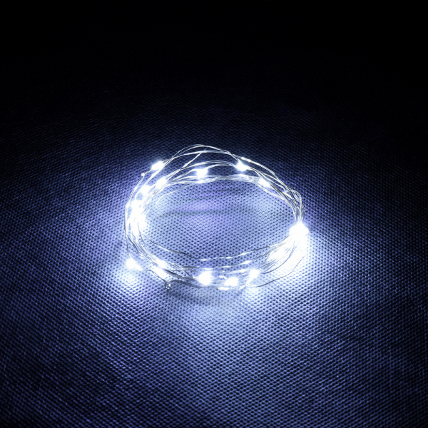 Электрогирлянда "Нить" 20 холодных LED ламп РОСА, серебристый провод, 2 м, на батарейках (не в комплекте), с пультом, дисплей-бокс /200/50